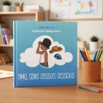 Album jeunesse pédagogique "Timo sens dessus dessous" : dans un bureau chaleureux, un livre au format carré à fond bleu est posé près d'un pot de crayons. Sur la couverture bleue, dans une forme de nuage, on voit le personnage principal Timo portant un couvre-chef de type haut-de-forme, il est souriant et à un air malicieux, il semble saluer le futur lecteur.